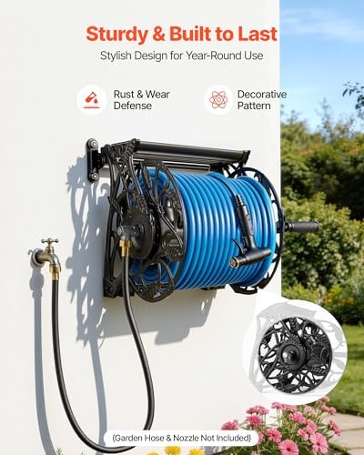 VEVOR Wall Mounted Garden Hose Reel, Holds 135 Feet of 5/8-inch Hose, Outdoor Heavy-Duty Waterhose Holder Winder, with Widened Top Tray, Aluminum Alloy Connector, Decorative Pattern, for Backyards - Image 4
