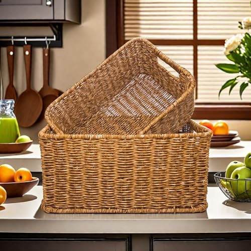 GIB Woven Storage Baskets for Organizing, Plastic Wicker Storage Baskets for Shelves, Waterproof Rectangular Storage Bins Organizers for Closet Pantry Table, Set of 3, Brown - Image 6