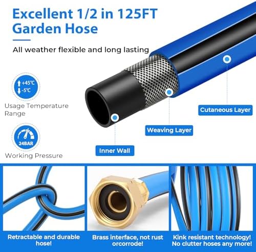 Retractable Garden Hose Reel, 1/2" x 131FT Heavy Duty Automatic Retractable Hose Reel Wall Mount, with 10- Function Sprayer Nozzle, Any Length Lock/Auto Rewind/180°Swivel - Image 6
