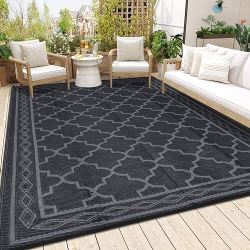Reversible Mat 8x10 Plastic Straw Rug Outdoor Moroccan Trellis Area Rug Waterproof Patio Rug Outdoor Camping Rug for RV Porch Deck Camper Balcony Backyard Easy Cleaning Picnic Mat Black Grey by Unknown