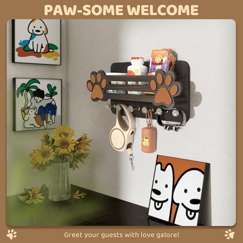 MTERSN Dog Leash Holder for Wall with Floating Shelf & 6 Hooks, Dark Brown - Image 4