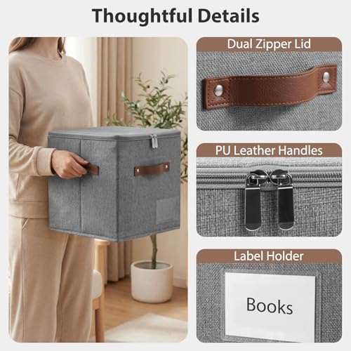 ANMINY 11 Inch Fabric Storage Cubes Bins with Zipper Lid, Gray, 4PCS - Image 4