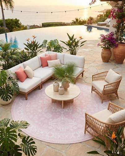 Rugs.com - Outdoor Aztec Rug – 10 Ft Round Pink Indoor/Outdoor Rug – Washable, Stain-Resistant Flatweave for Patios, Decks, and Porches - Image 5