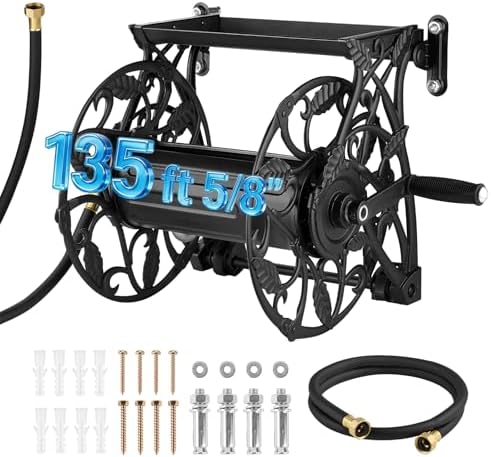 VEVOR Wall Mounted Garden Hose Reel, Holds 135 Feet of 5/8-inch Hose, Outdoor Heavy-Duty Waterhose Holder Winder, with Widened Top Tray, Aluminum Alloy Connector, Decorative Pattern, for Backyards by VEVOR