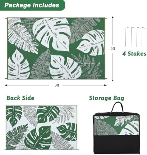 Waterproof 9x12 Outdoor Rug for Patio Reversible Plastic Straw Rug Leaves Camping Carpet with Carry Bag, Stain & UV Resistant Portable RV Carpet for Camper Deck Balcony Porch Beach Picnic,Green - Image 2