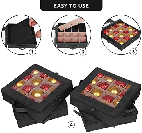 ProPik 4 Pcs Christmas Ornament Storage Boxes with Dividers | 4 Individual Trays Hold 64 Holiday Decoration Balls | Durable Ornaments Organizer Storage Box | Zippered Closure with Handles (Black) - Image 3