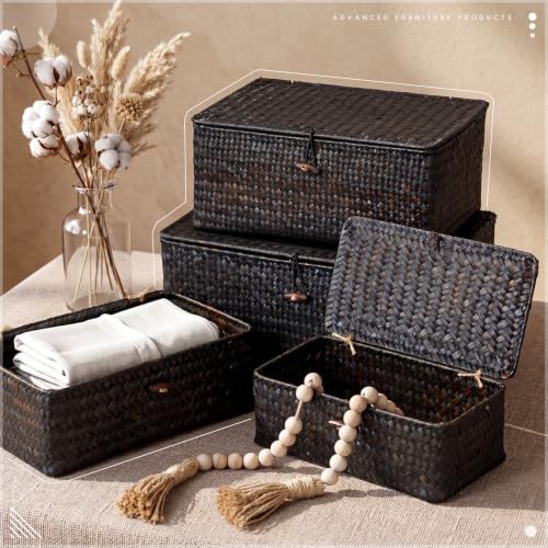 Woanger Set of 4 Wicker Baskets with Lids, Black - Image 4