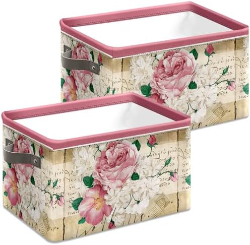 Vintage Rose Floral Foldable Baskets Storage Bins with Handles, Decorative Cloth Organizer Storage Boxes 2 sets - Image 4