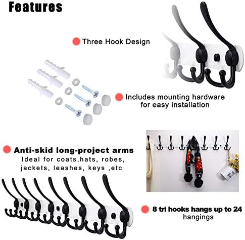 Dseap Coat Rack Wall Mount - 29.5” Long 8-Tri-Hooks Heavy Duty Coat Hanger Rail Wall Hooks for Hanging Coats Hats Clothing Clothes Purse Mudroom Entryway, White & Black, Pack of 2 - Image 4