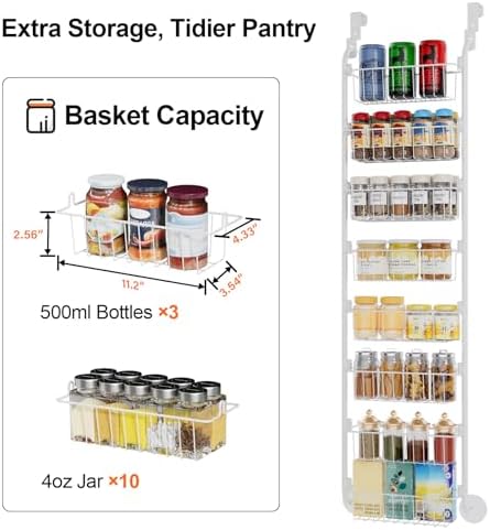 Delamu Narrow Over The Door Pantry Organizer, 8-Tier Metal Pantry Door Organization and Storage for Easy Install, Hanging Spice Rack Shelves, Door Organizer for Kitchen, 4.65"D x 13"W x 65"H, White - Image 4