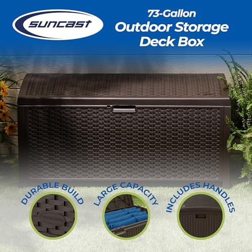 Suncast Outdoor Storage Box - 73 Gallon Mocha Brown Deck Box for Patio, weather-resistant Outdoor Storage Bench, Resin Wicker Style, Heavy-Duty, Lockable Lid for Cushions, Shoes, Pool & Garden Gear - Image 2