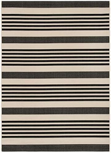 SAFAVIEH Courtyard Collection CY6062 Stripe Indoor/ Outdoor Non-Shedding Easy--Cleaning Patio Backyard Porch Deck Mudroom Accent Area--Rug, 4' x 5'7", Black / Bone - Image 2