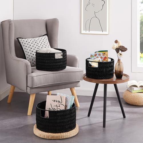 Vagusicc Wicker Storage Basket, Hand-Woven Paper Rope Large Round Woven Basket With Handles, Wicker Baskets for Organizing/Storage, Black, 3-Pack - Image 6