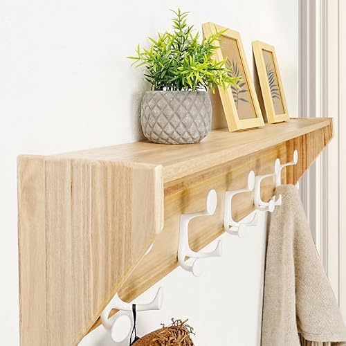 SKOLOO Wall Shelf with Hooks, 24-Inch Coat Rack Wall Mount with Shelf Organizer - Lightweight & Sturdy​​, 5 Tri Hooks - Perfect for Entryway, Hallway, Living Room, Bedroom, Mudroom, Natural & White - Image 3