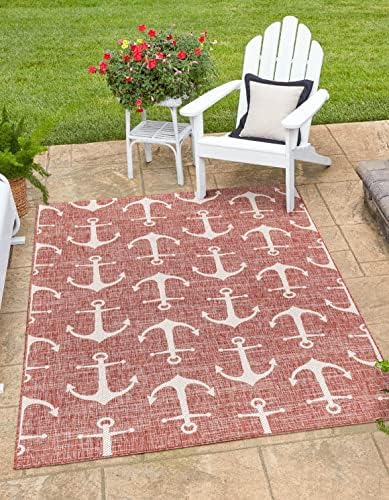 Unique Loom Outdoor Coastal Collection Area Rug - Ahoy (10' x 13' 1" Rectangle, Rust Red/ Ivory) by UniqueLoom