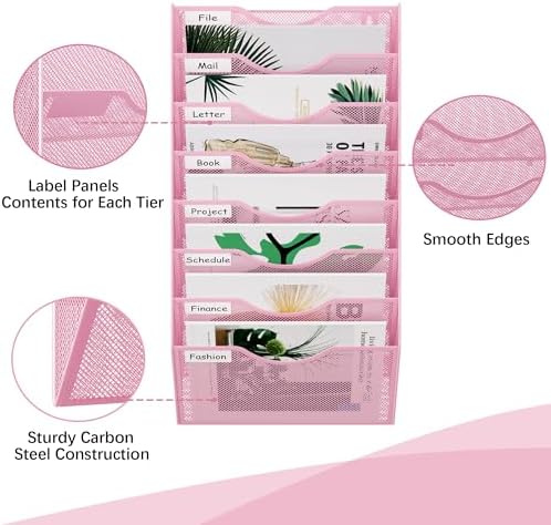 EasyPAG 8 Pocket Mesh Wall File Organizer, Hanging Paper Folder Holder with Classify Label, Vertical Wall Mount Mail Organizer for Office Home Classroom, Pink - Image 3