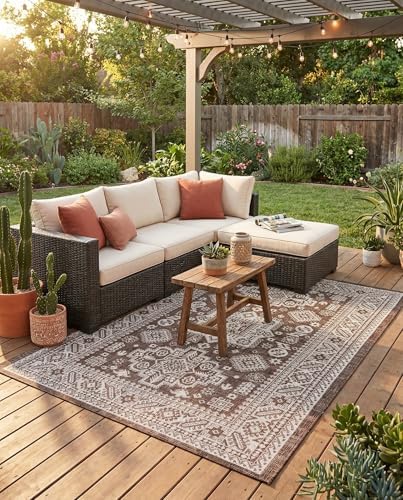 Rugs.com - Outdoor Aztec Rug – 5' 3 x 8' Brown Indoor/Outdoor Rug – Flatweave Geometric Area Rug for Patio, Deck, and Porch by Rugscom