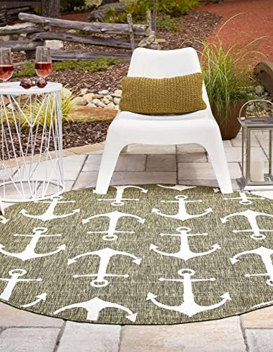 Unique Loom Outdoor Coastal Collection Area Rug - Ahoy (3' 3" Round, Green/Ivory) - Image 4