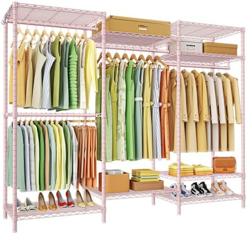 Ulif E13 Heavy Duty Clothes Rack（With 4 Hanger Rods & 8 Shelves） Freestanding Clothing Racks for Hanging Clothes，Adjustable Closet Organizer，Metal Garment Rack 63" W x16 D x77 H，Max Load 900LBS，Pink by Ulif