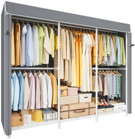 ULIFHOME E14C Pro Heavy Duty Closet Organizer System，Freestanding Clothing Racks for Hanging Clothes，Adjustable Garment Rack 69" W × 16" D × 77" H Hold 960 lbs，White Rack with Grey Dustproof Cover by UlifHome