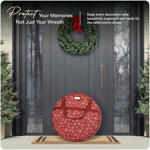 Covermates Wreath Storage Bag, 36" Diameter x 8" H, Red Snowflake - Image 2