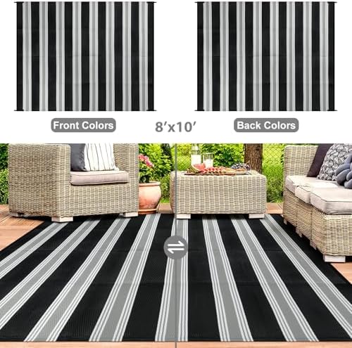 Lahome Striped Outdoor Rug 8x10, Black and White Outdoor Plastic Straw Rug - Image 6