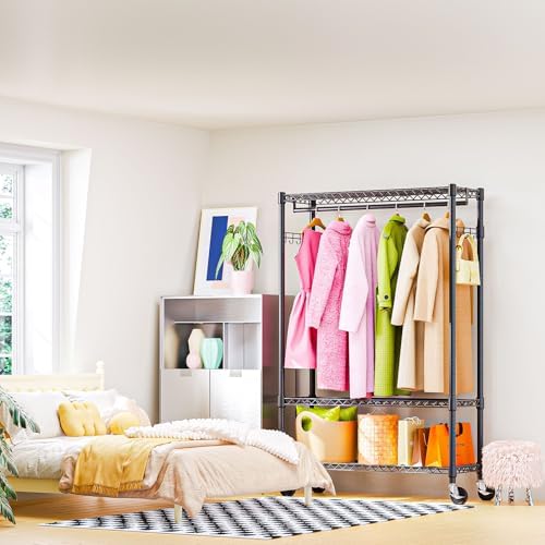 M MZG Heavy Duty Rolling Garment Rack 3 Tiers Adjustable Wire Shelving Clothes Rack with 1 Rods and Side Hooks,Storage Closet Clothing Rack with Wheels Black 15.7" D x 45.3" W x 75.6" H - Image 6