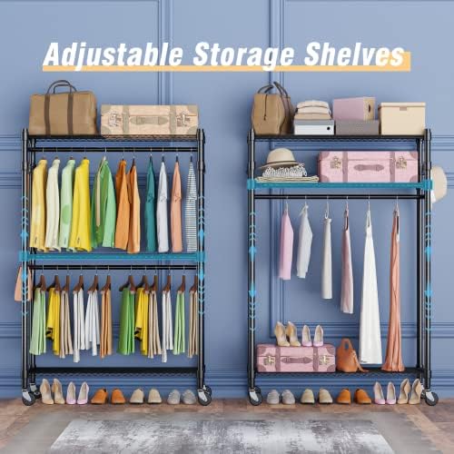 Homdox Double Rod Closet 3 Shelves Wire Shelving Clothing Rolling Rack Heavy Duty Garment Rack with Wheels and Side Hooks - Image 2