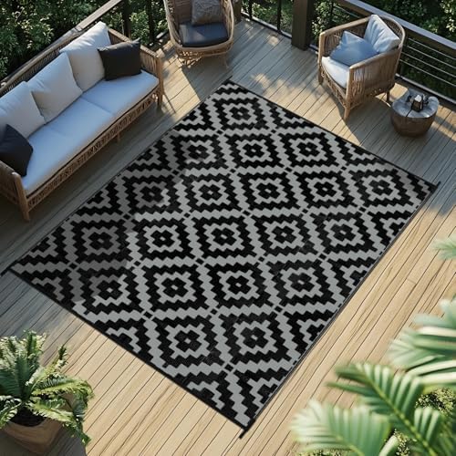 Favoyard Outdoor Rug Black & Grey 8x10 ft Waterproof Reversible Carpet Mat by OutdoorFurnitureAccessories