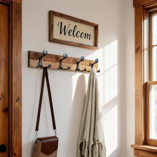 SKOLOO 24-Inch Wood Coat Rack Wall Mount with 4 Triple Hooks - Ideal for Family Entrances, Classrooms, and Pet Supplies Storage - Perfect Coat Hooks for Wall,Charred Golden Brown - Image 2
