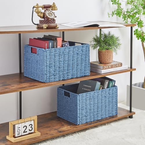 Vagusicc Wicker Storage Basket, Set of 2 Hand-Woven Paper Rope Wicker Basket, Small Storage Baskets for Organizing Toilet Paper Basket, Foldable Large Cube Storage Organizer Bins for Shelves (Blue) - Image 3