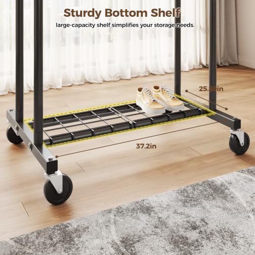 HYSEYY Heavy Duty Clothes Rack, Rolling Clothing Rack for Hanging Clothes with Shelves Load 700LBS,Portable Garment Wardrobe Closet Rack with Wheels for Bedroom,Laundry Room,Retail Store,Black - Image 4