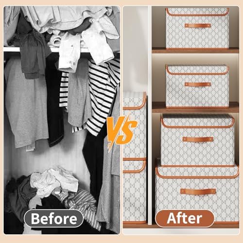 Tuza 2 Pack Fabric Storage Bins with Lids, Collapsible Closet Organizer Container, Decorative Storage Boxes with Lids for Organizing Clothes, Blanket, Grey & White, Extra Large - Image 4