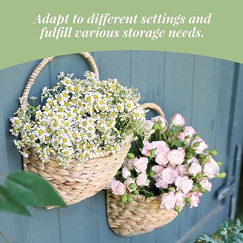 Wall Hanging Baskets Set of 2, Water Hyacinth Woven Basket, Flat Back Hanging Baskets for Plants & Flowers, Semi-Round Wall Decor for Garden, Porch, Bathroom & Kitchen - Image 2