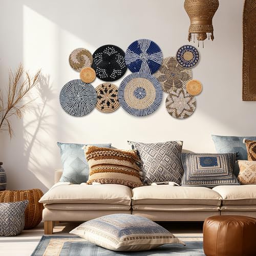 Tatuo 11 Pcs Boho Wall Basket Decor Woven Wall Hanging Art, Blue - Image 6
