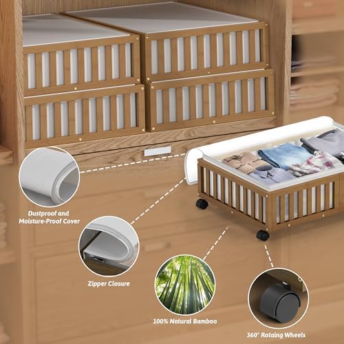 MHXW SXPN 2 Pack Bamboo Under Bed Storage Containers with Wheels, Brown - Image 2