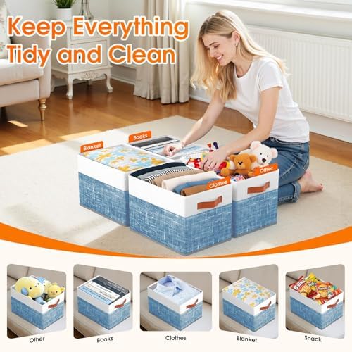 Fab totes Collapsible Storage Baskets for Shelves,14"x10", 8 Pack Foldable Fabric Storage Bins with Double Leather Handles, Large Baskets for Organizing Books, Clothes, White & Blue - Image 3