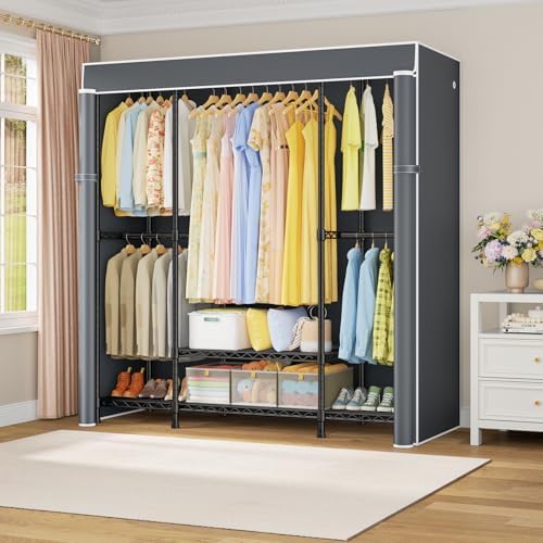 ULIFHOME E3C Black Clothes Rack with Gray Cover, Heavy Duty Garment Rack - Image 2
