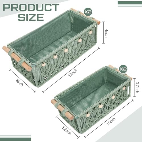 Vesici 4 Pcs Sage Green Macrame Storage Baskets Shelves 13" 11" Wood Handle - Image 2