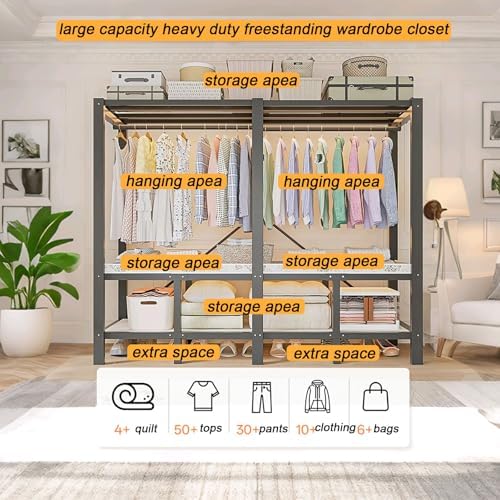 74.8in Heavy Duty Foldable Wardrobe with Cover, Max Load 1200lbs - Image 6