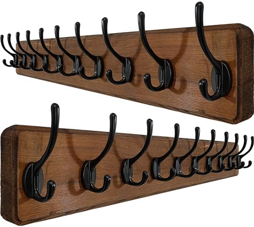 WEBI Coat Rack Wall Mount,10 Hooks,38 9/16" Long Coat Hooks Wall Mounted Rustic,16" Hole to Hole,Wood Coat Hanger Wall,Hook Rack Hooks for Hanging Coats,Jacket,Clothes,Hats,2 Packs by WEBI