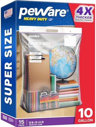Heavy Duty 10 Gallon Large Storage Bags, 6 Mil Handle Big Zip Seal Lock Bag by Peware