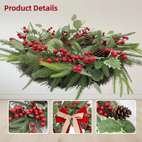 Front-Door Christmas Wreaths with Bow: 24 Inch Red Berry Pine Wreath Comes with Storage Bag - Durable Outdoor Winter Wreath Creating Warm Xmas Vibes - Easy Storage & Gifts Ready Instantly - Image 4