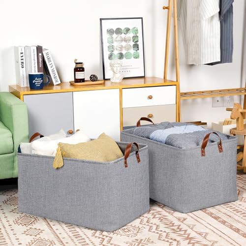 DULLEMELO Large Grey Storage Baskets 70L Oversized Dog Toy Bin Basket, Collapsible 22" X 15" X 13" Extra Large Fabric Baskets for Storage Clothes, Toys, Blankets Organizers (Grey) - Image 3