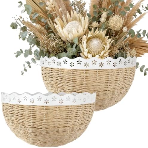 XSZ Scalloped Wall Baskets - 2 Pcs Woven Boho Wall Decor, Front Door Baskets Hanging Storage for Entryway, Living Room & Kitchen, Sturdy Steel Frame Wall Organizer for Home (16" & 14") by Unknown