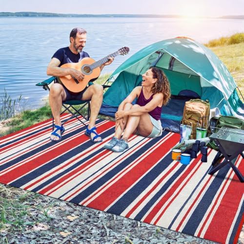 Garvee Waterproof Outdoor Rug 8x10, Plastic Straw Patio Camping Rug, Indoor Outdoor RV Mat Carpet for Deck, Camper, Porch, Balcony, Backyard, Picnic (Red/Dark Blue) - Image 2