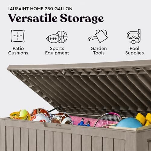 LAUSAINT HOME 230 Gallon Outdoor Storage Box, Package Delivery Box with Lockable Lid, Waterproof Resin Deck Box For Garden Tools, Patio Cushions(230 Gallon,Grey) - Image 4