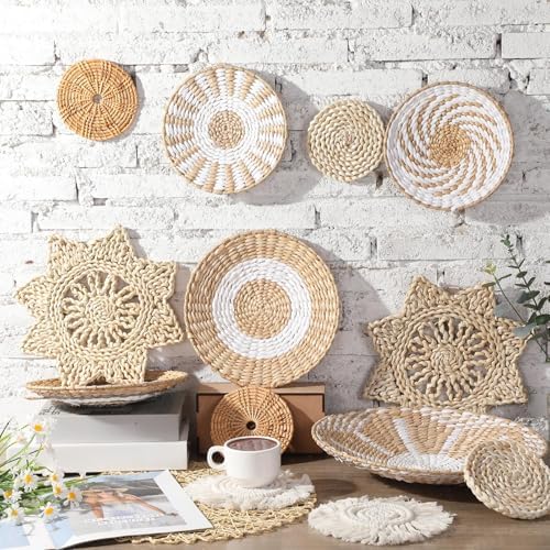 15 Pcs Boho Wall Basket Decor Woven Rattan Seagrass Wall Decor Hanging Rustic Farmhouse Western Art Decoration for Nursery Living Room Bedroom Home Kitchen(Grey White Style) - Image 4