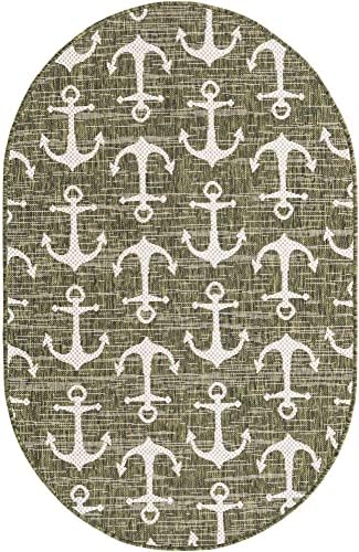Unique Loom Outdoor Coastal Collection Area Rug - Ahoy (3' 3" x 5' 3" Oval, Green/Ivory) - Image 3