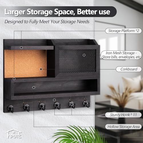 Key Holder for Wall with Mail Organizer,Farmhouse Mail and Key Holder for Wall,Key Hanger with ‌Metal 11 Hooks,Corkboard,and Shelf,Decorative Natural Pine Wood Entryway Organizer,14.6*11.1*3.3”,Black - Image 4
